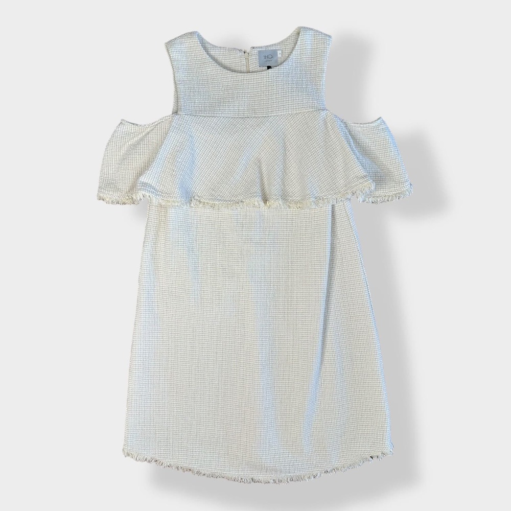 Anthropologie HD in Paris Ivory Tweed off shoulder dress Size MP